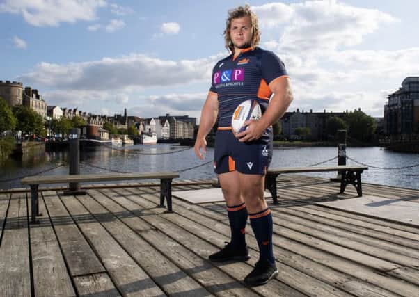 South African loosehead Pierre Schoeman at the Shore in Leith, modelling the new Edinburgh home kit. Picture: Craig Foy/SNS