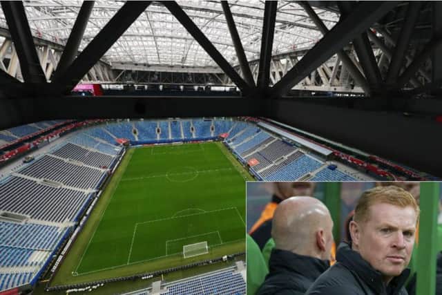 Zenit's Gazprom Arena home and, inset, Celtic boss Neil Lennon