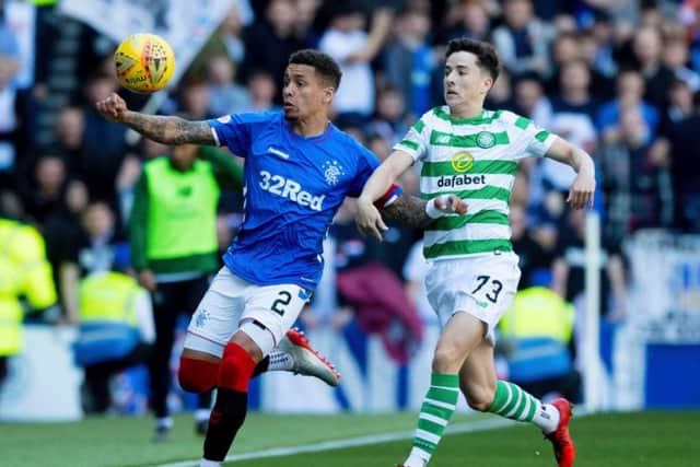 James Tavernier and Mikey Johnston battle for possession during the last game between the sides at Ibrox.