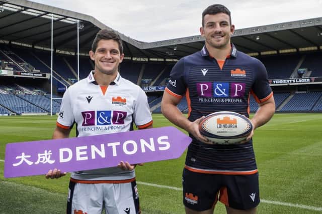 Edinburgh's Matt Scott, right, and Simon Hickey are pictured as global law firm Dentons extend their sponsorship with the club at BT Murrayfield. Picture: Bruce White/SNS/SRU