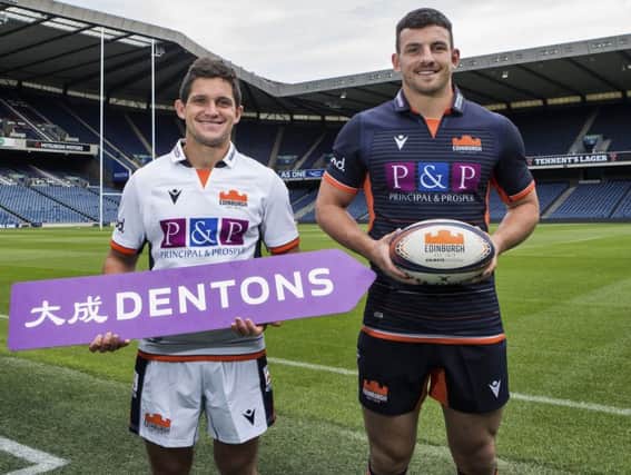 Edinburgh's Matt Scott, right, and Simon Hickey are pictured as global law firm Dentons extend their sponsorship with the club at BT Murrayfield. Picture: Bruce White/SNS/SRU