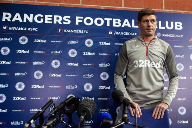 Steven Gerrard faces the media ahead of the second leg of the Europa League play-off tie against Legia Warsaw. Picture: Ross MacDonald /SNS