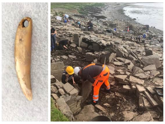 The seal tooth pendant, which could date to around 500BC, and the site at Swandro on Rousay, Orkney, which is being engulfed by the sea. PIC: University of Bradford.