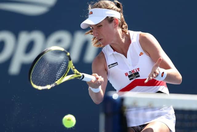 Johanna Konta plays a return during her defeat of  Margarita Gasparyan in the second round of the womens singles at Flushing Meadow. Picture: Getty