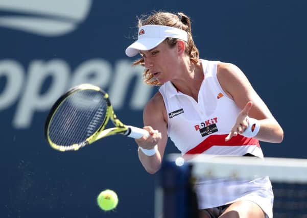 Johanna Konta plays a return during her defeat of  Margarita Gasparyan in the second round of the womens singles at Flushing Meadow. Picture: Getty