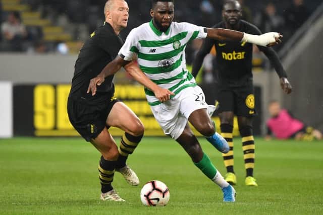 AIK's Per Karlsson, left, and Celtic's Odsonne Edouard battle for the ball. Picture: Jonas Ekstromer/TT News Agency via AP