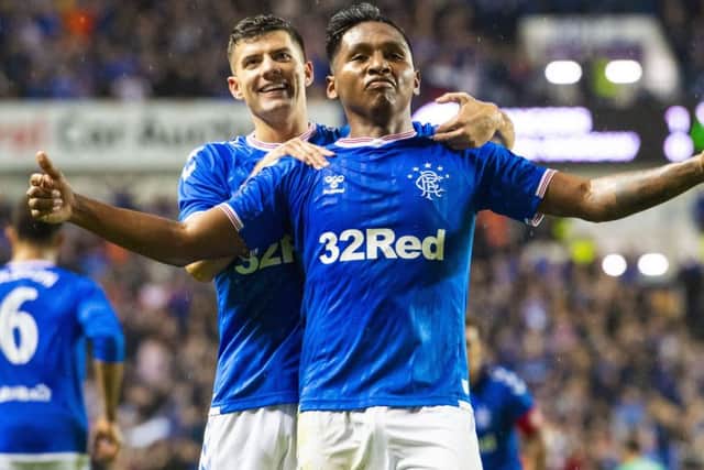 Joy for Alfredo Morelos as he celebrates the stoppage time goal that defeated Legia Warsaw at Ibrox in the Europa League play-off. Picture: SNS.