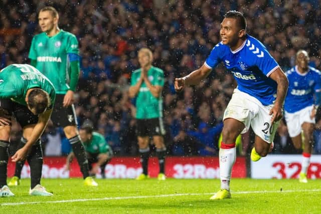 Alfredo Morelos celebrates his crucial late goal for Rangers. Picture: SNS