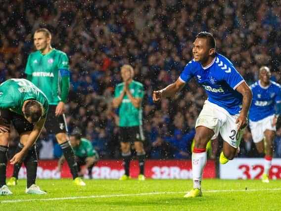 Alfredo Morelos celebrates his crucial late goal for Rangers. Picture: SNS