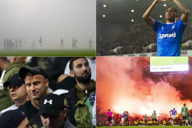 Clockwise from top left: Smoke engulfs the pitch, Alfredo Morelos celebrates the winner, Legia fans let off flares, ex-Celtic goalkeeper Artur Boruc