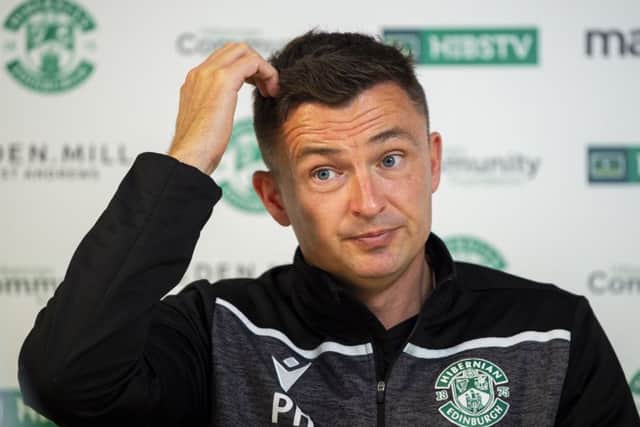 Hibs manager Paul Heckingbottom at an East Mains press conference. Picture: Ross MacDonald/SNS