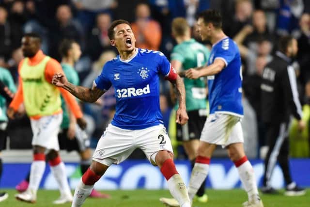 James Tavernier celebrates Rangers reaching the Europa League group stage. Celtic have also qualified. Picture: SNS