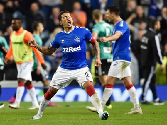 James Tavernier celebrates Rangers reaching the Europa League group stage. Celtic have also qualified. Picture: SNS