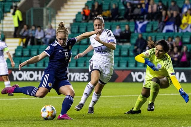 Kim Little scores her third goal of five as Scotland eased to a 8-0 Euro 2021 qualifying win over Cyprus at Easter Road. Picture: Ross MacDonald/SNS