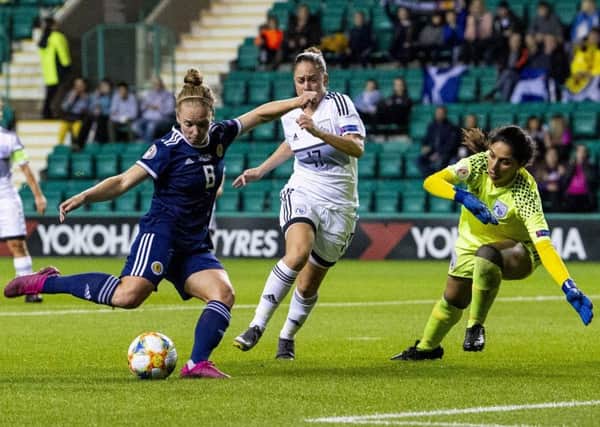 Kim Little scores her third goal of five as Scotland eased to a 8-0 Euro 2021 qualifying win over Cyprus at Easter Road. Picture: Ross MacDonald/SNS