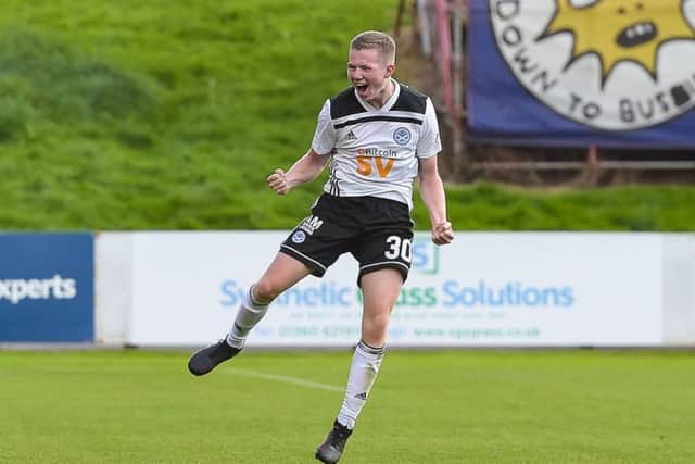 Ayrs Stephen Kelly celebrates scoring the winning goal against Partick Thistle.  Photograph: Angus Macgregor/SNS Group.