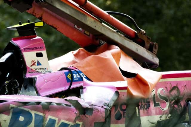 The damaged car of BWT Arden's French driver Anthoine Hubert who died in the crash. Picture: Remko de Waal/AFP/Getty Images