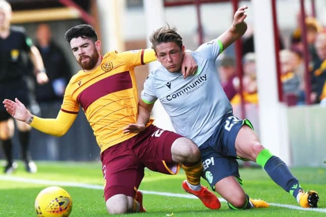 Motherwells Liam Donnelly vies with Scott Allan of Hibs during Saturdays clash at Fir Park. Picture: SNS.
