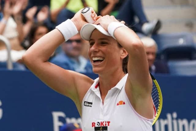 Johanna Konta shows her joy after beating Karolina Pliskova. Picture: Kena Betancur/AFP/Getty