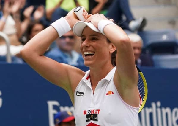 Johanna Konta shows her joy after beating Karolina Pliskova. Picture: Kena Betancur/AFP/Getty