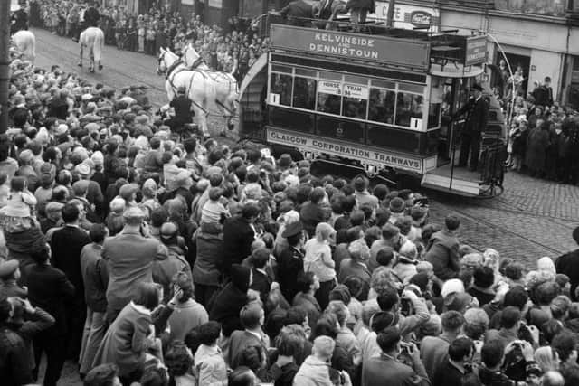 An estimated 250,000 people took to the streets to bid farewell to Glasgows last tram which rolled into the depot for the final time this week in 1962.