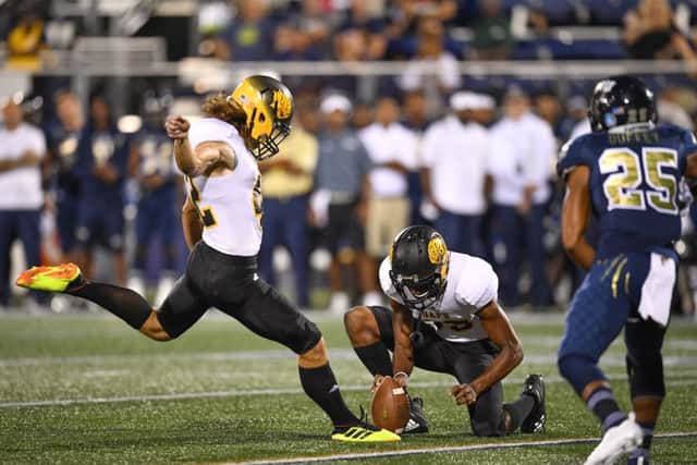 Jamie Gillan kicks a field goal for his college team, the Arkansas-Pine Bluff Golden Lions. Picture: Mark Brown/Getty