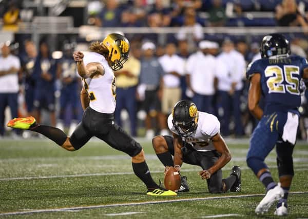 Jamie Gillan kicks a field goal for his college team, the Arkansas-Pine Bluff Golden Lions. Picture: Mark Brown/Getty