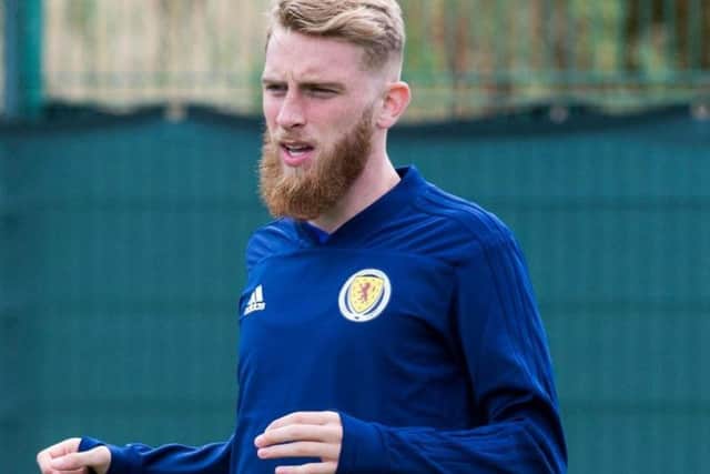 Oli McBurnie takes part in a Scotland training session at the Oriam ahead of the matches against Russia and Belgium