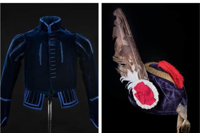 Medieval doublet of Ranald George Macdonald, 20th chief of Clanranald, and blue velvet Glengarry bonnet of Ranald George Macdonald. Both garments are typical of the  costumes worn at the Eglinton tournament ball. PICS: NMS/Blairs Castle.