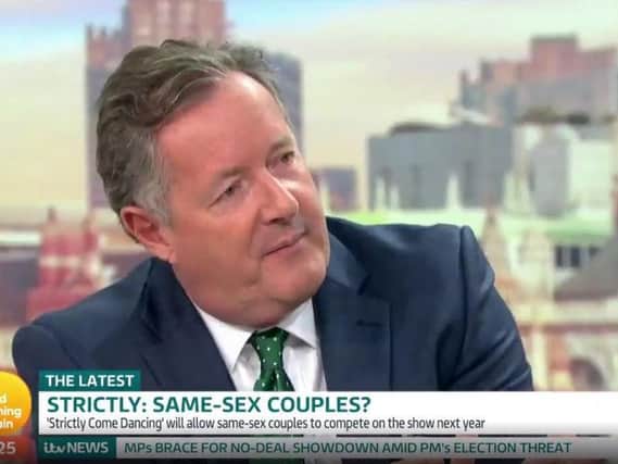 Hosts PiersMorgan and Susanna Reid clashed with former DUP health minister Mr Wells, who said that Strictly is family viewing. Picture: GMB