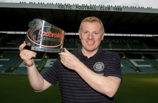 Celtic manager Neil Lennon receives the Ladbrokes Manager of the Month Award for August. Picture: SNS Group