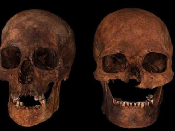 A 3D visualisation of two of the 15th Century skulls. One (right) shows a fatal sword wound that removed a portion of the man's face and a blade cut above his left eye which was inflicted around the time of death. PIC:  Visualising Heritage, University of Bradford.