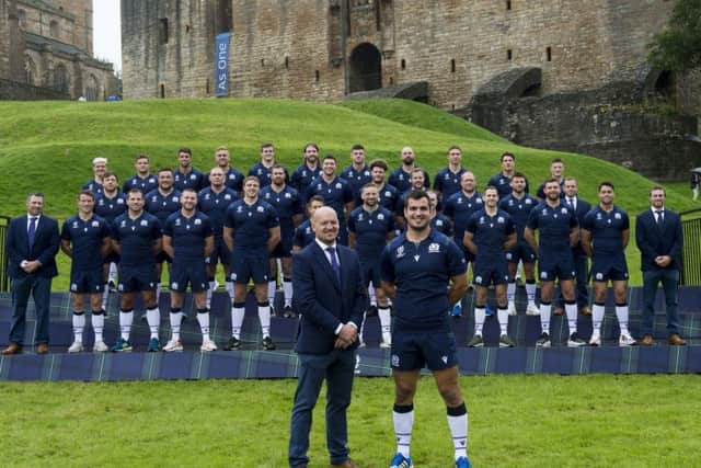 Head coach Gregor Townsend, captain Stuart McInally and the rest of the Scotland players after the World Cup squad was announced at Linlithgow Palace yesterday. Picture: Ian Rutherford/PA