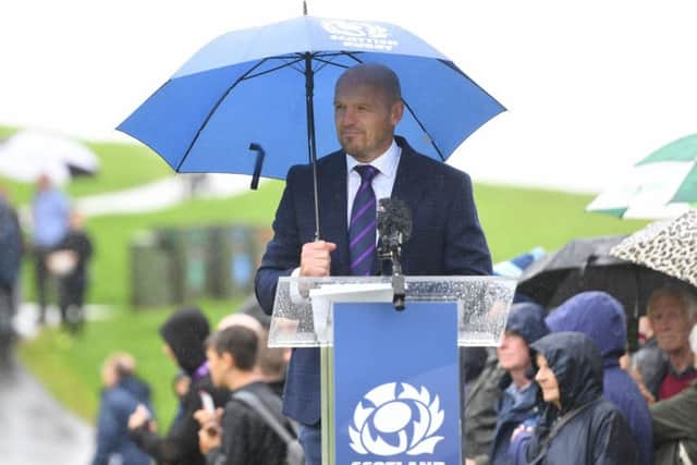 Gregor Townsend shields himself from the rain as he announces his World Cup squad at Linlithgow Palace. Picture: Gary Hutchison/SNS