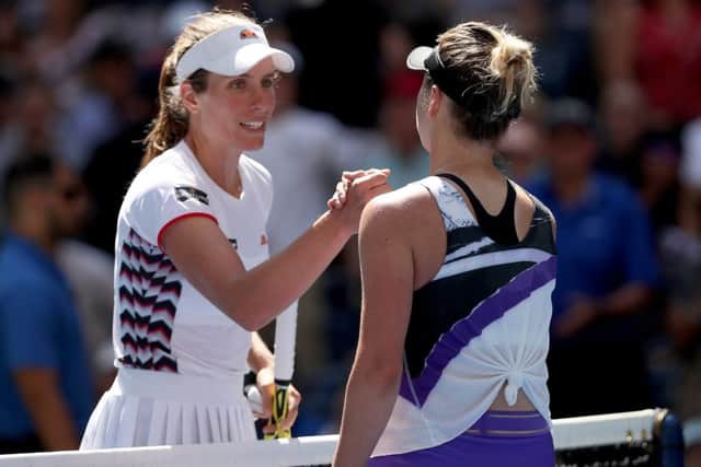 British No 1 Johanna Konta congratulates Elina Svitolina after the Ukrainian clinched a 6-4, 6-4 victory in the
US Open quarter-final. Picture: Matthew Stockman/Getty Images