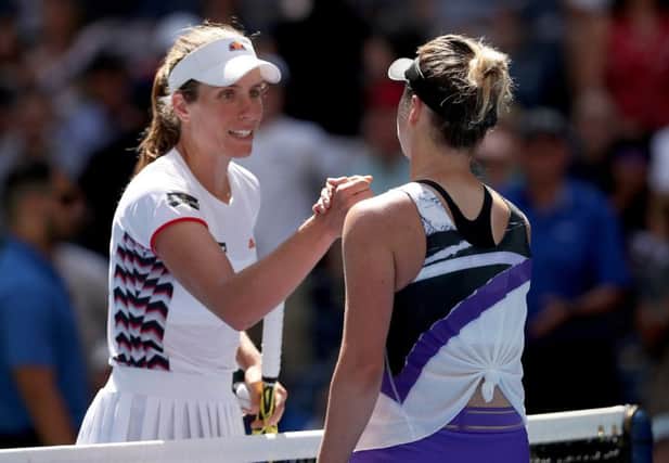 British No 1 Johanna Konta congratulates Elina Svitolina after the Ukrainian clinched a 6-4, 6-4 victory in the 
US Open quarter-final. Picture: Matthew Stockman/Getty Images