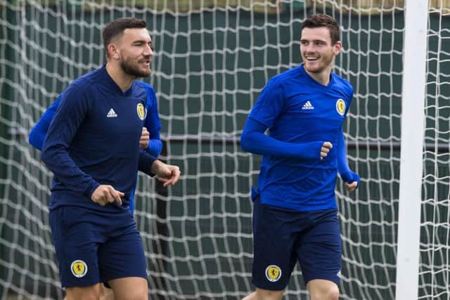 Robert Snodgrass and Andrew Robertson pictured during a training session with Scotland at Oriam. Picture: Paul Devlin/SNS Group