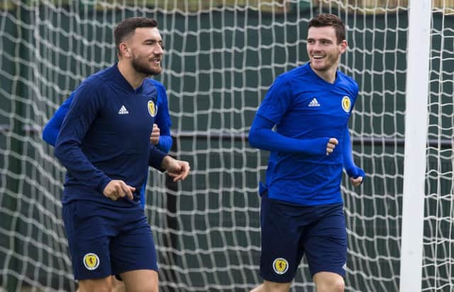 Robert Snodgrass and Andrew Robertson pictured during a training session with Scotland at Oriam. Picture: Paul Devlin/SNS Group