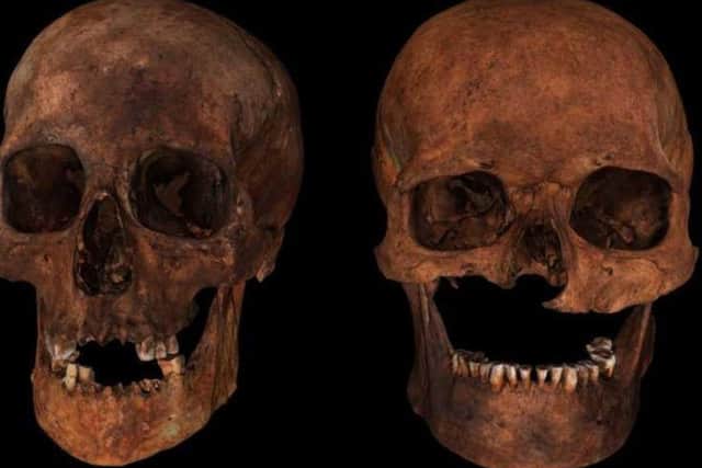 A 3D visualisation of two of the 15th Century skulls found in the same grave. The one of the left is the man whose face has now been reconstructed.PIC: Visualising Heritage, University of Bradford.