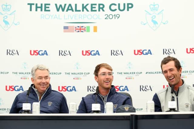 US captain Nathaniel Crosby speaks to the media with players Andy Ogletree and Stewart Hagestad. Picture: Jan Kruger/R&A via Getty Images