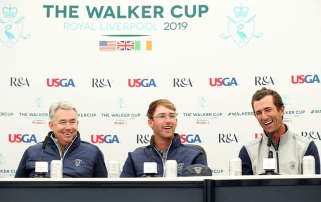 US captain Nathaniel Crosby speaks to the media with players Andy Ogletree and Stewart Hagestad. Picture: Jan Kruger/R&A via Getty Images