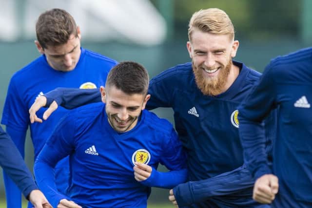 Oli McBurnie, right, at Scotland training with Greg Taylor. Picture: Craig Williamson