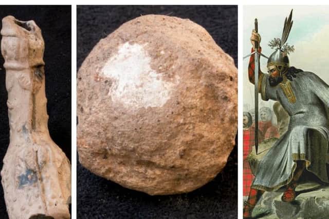 A 17th Century tobacco pipe and numerous musket balls have helped (left and centre) to deepen the history of Dunyvaig, which is believed to have been the naval base of the Lords of the Isles (right). PICS: Steve Mithen/Contributed.