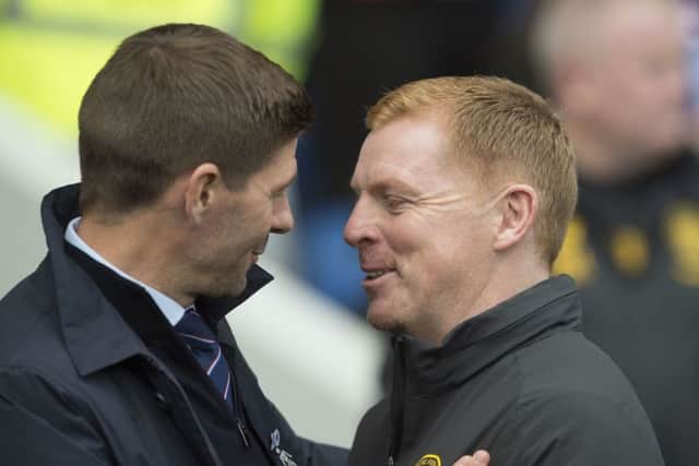 Steven Gerrard and Neil Lennon share a smile at Ibrox but it was the Celtic manager who had the last laugh. Picture: Ian Rutherford/PA