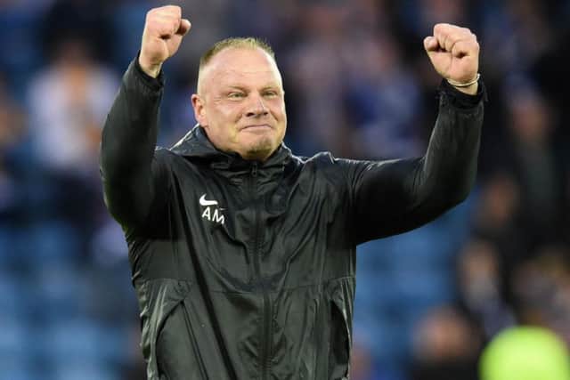 Connah's Quay's Scottish manager Andy Morrison celebrates at full-time after his side knocked Kilmarnock out of the Europa League. Picture: Ross Macdonald/SNS