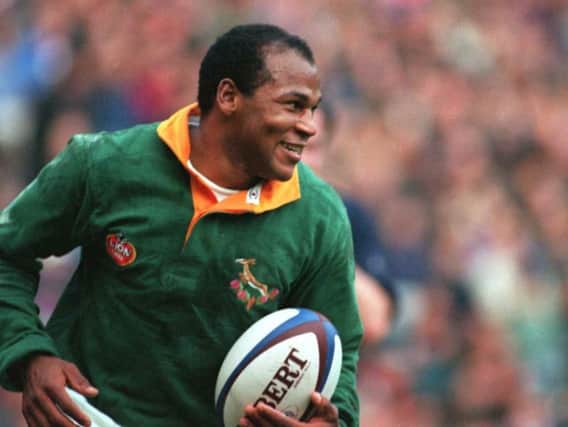 Chester Williams celebrates after crossing the whitewash against Scotland at Murrayfield in 1994