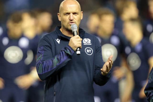 Scotland coac, Gregor Townsend speaks to the crowd after the 36-9 win over Georgia. Picture: Graham Stuart/PA Wire