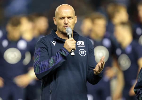 Scotland coac, Gregor Townsend speaks to the crowd after the 36-9 win over Georgia. Picture: Graham Stuart/PA Wire