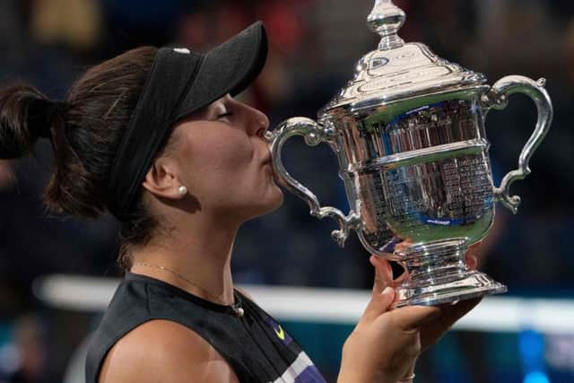 Bianca Andreescu kisses the trophy  following her  6-3, 7-5 victory over Serena Williams in the womens final at the US Open. Picture: AFP/Getty