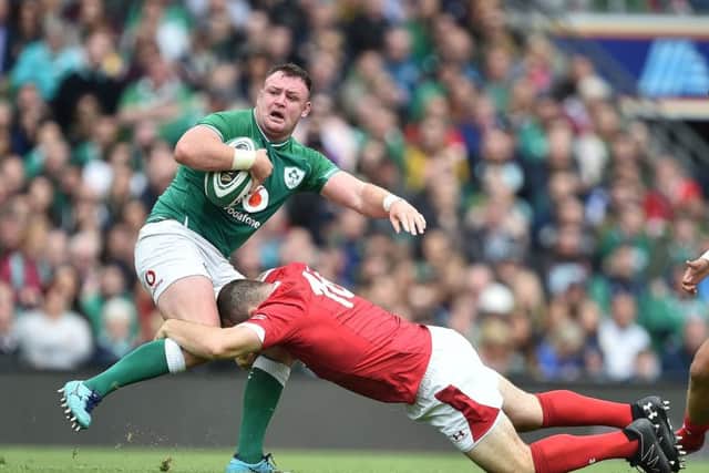 Dave Kilcoyne is tackled by Ken Owens during Irelands 19-10 win over Wales on Saturday. Picture: Getty.